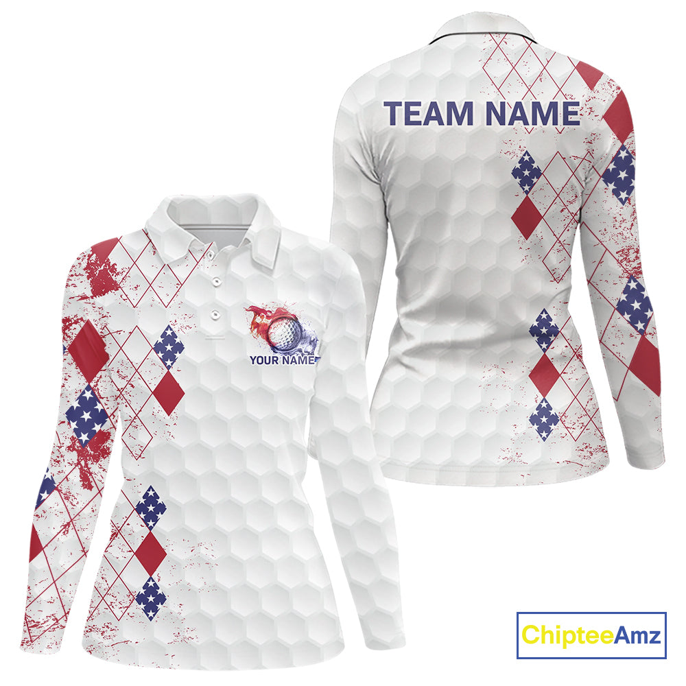 Red, White & Blue argyle American Flag Women golf polo shirt custom patriotic golf apparel for ladies NQS9814