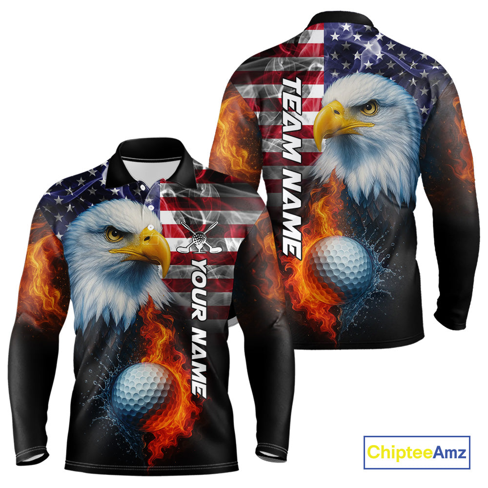 Smoke American Flag Eagle Fire and water Golf polo shirt for Men Custom patriotic Team Mens golf top NQS10354