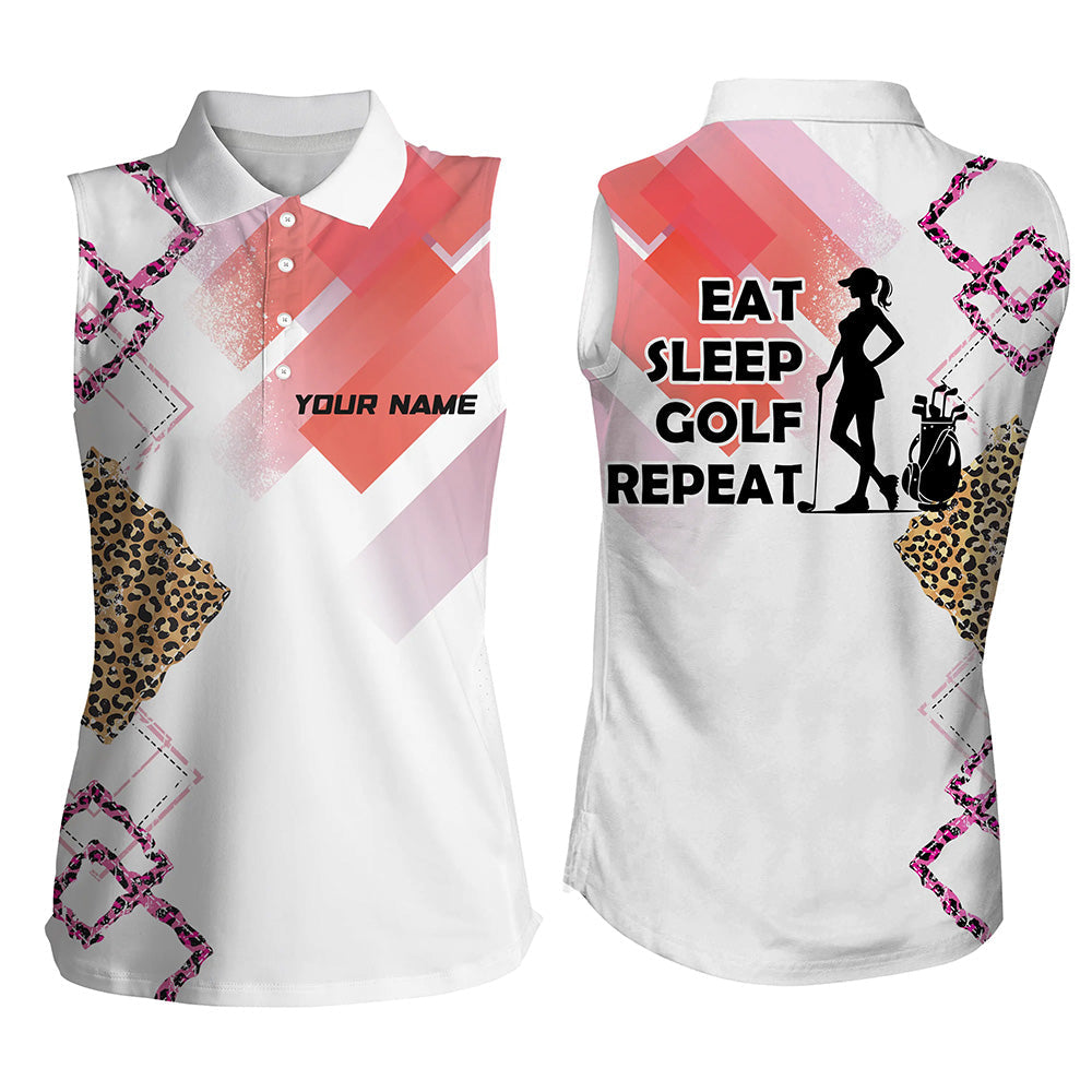 Funny Pink Leopard pattern White Sleeveless polo shirt custom Eat sleep golf repeat women golf attire NQS8408