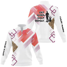 Load image into Gallery viewer, Funny Pink Leopard pattern White Quarter zip golf sweatshirt custom Eat sleep golf repeat golf sweater NQS8408