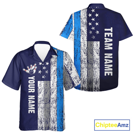 Blue Grunge American Flag Bowling Hawaiian Shirt Custom patriotic Bowling Team League Shirt NQS11176