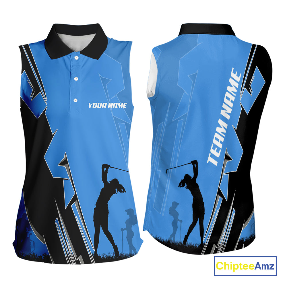 Women Sleeveless golf polo shirts custom blue and black golf tops for ladies, best golf gifts NQS10062