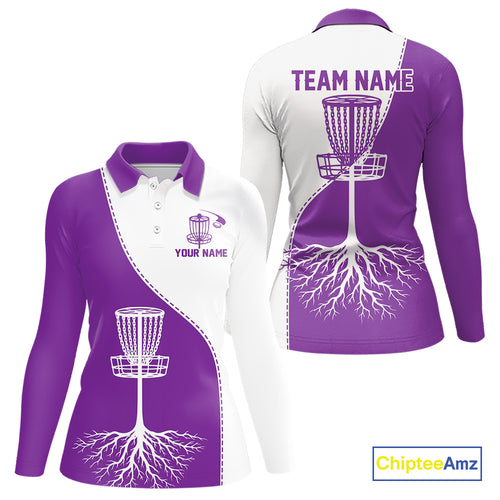 White and Purple Womens Disc golf polo shirts Custom name disc golf clothing for team NQS10068