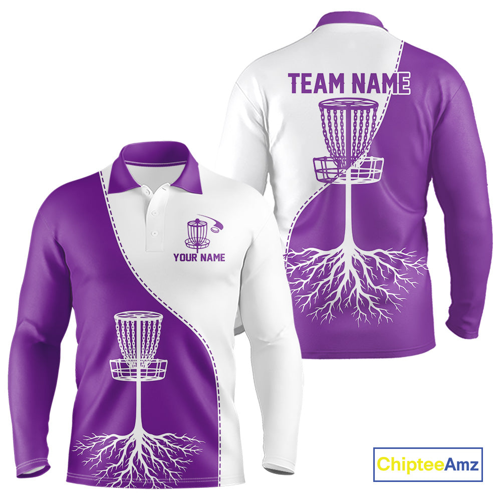 White and Purple Mens Disc golf polo shirts Custom name disc golf clothing for team NQS10068