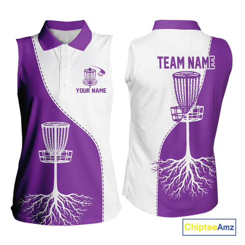 White and Purple Womens sleeveless Disc golf polo shirts Custom name disc golf clothing for team NQS10068