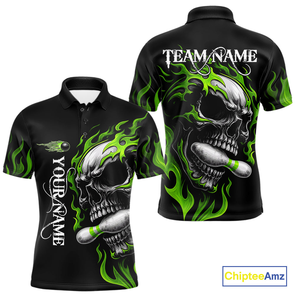 Custom Black and Green Flame Skull Bowling Shirts For Men, Personalized Skull Team Bowling Jersey NQS10793