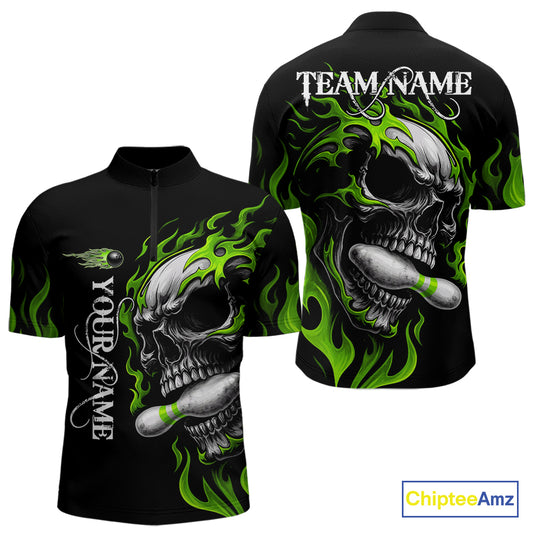 Custom Black and Green Flame Skull Bowling Shirts For Men, Personalized Skull Team Bowling Jersey NQS10793