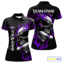 Load image into Gallery viewer, Custom Black and Purple Flame Skull Bowling Shirts For Women, Personalized Skull Team Bowling Jersey NQS10794