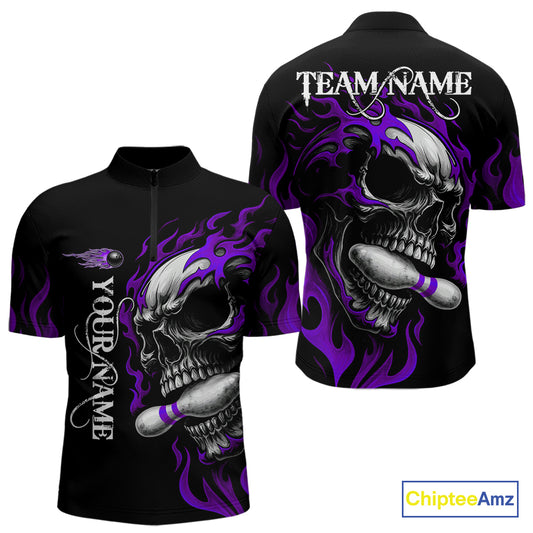 Custom Black and Purple Flame Skull Bowling Shirts For Men, Personalized Skull Team Bowling Jersey NQS10794