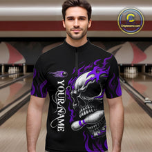 Load image into Gallery viewer, Custom Black and Purple Flame Skull Bowling Shirts For Men, Personalized Skull Team Bowling Jersey NQS10794