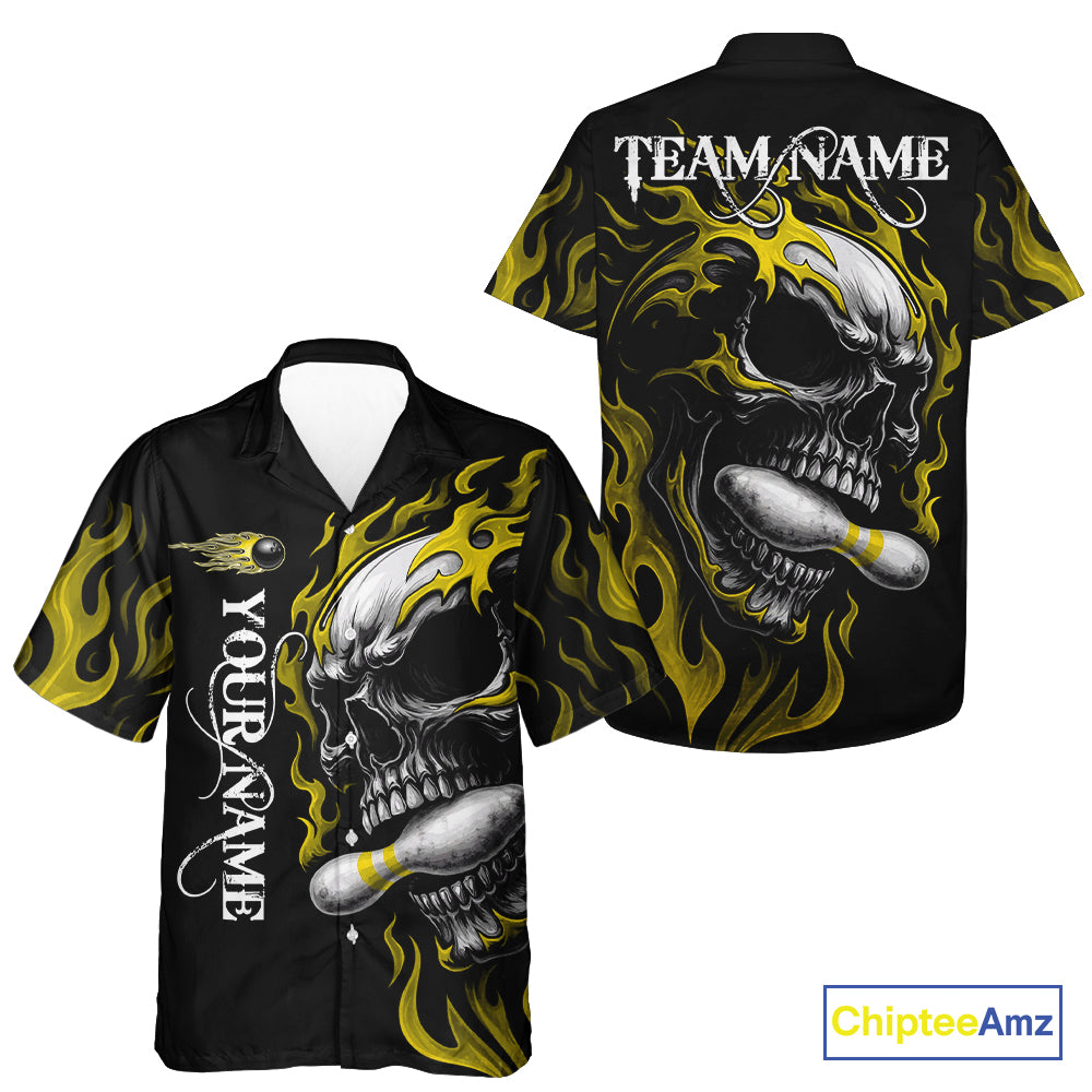 Custom Black and Gold Flame Skull Bowling Hawaiian Shirt, Personalized Skull Team Bowling Jersey NQS10795