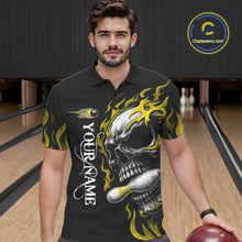 Load image into Gallery viewer, Custom Black and Gold Flame Skull Bowling Shirts For Men, Personalized Skull Team Bowling Jersey NQS10795