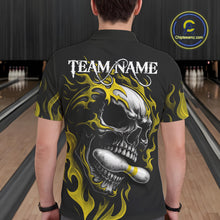 Load image into Gallery viewer, Custom Black and Gold Flame Skull Bowling Shirts For Men, Personalized Skull Team Bowling Jersey NQS10795