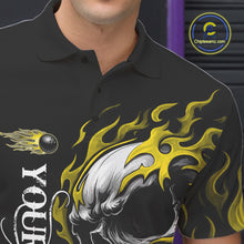 Load image into Gallery viewer, Custom Black and Gold Flame Skull Bowling Shirts For Men, Personalized Skull Team Bowling Jersey NQS10795