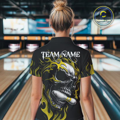 Custom Black and Gold Flame Skull Bowling Shirts For Women, Personalized Skull Team Bowling Jersey NQS10795