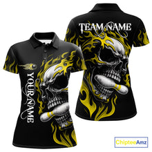 Load image into Gallery viewer, Custom Black and Gold Flame Skull Bowling Shirts For Women, Personalized Skull Team Bowling Jersey NQS10795