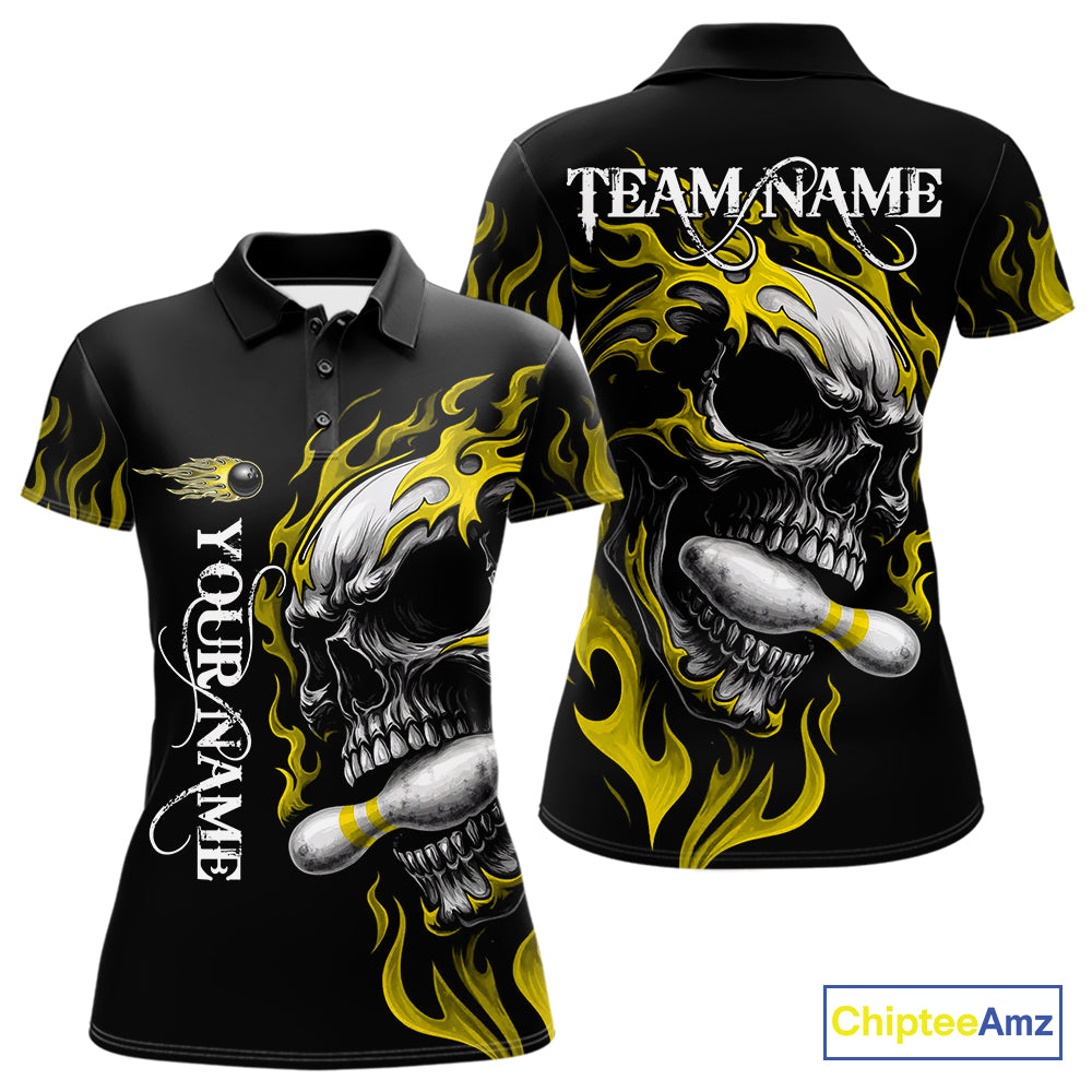 Custom Black and Gold Flame Skull Bowling Shirts For Women, Personalized Skull Team Bowling Jersey NQS10795