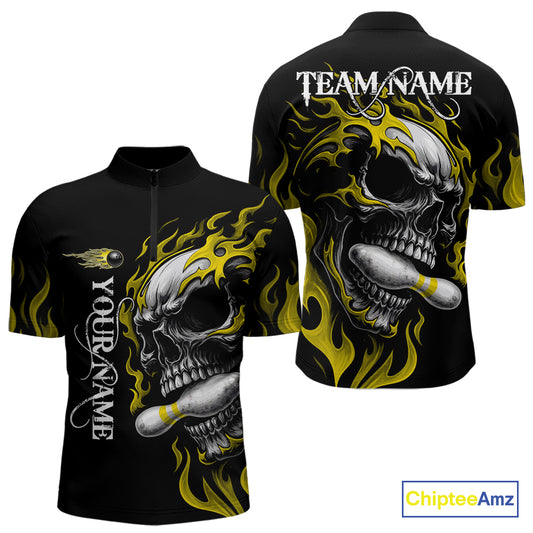 Custom Black and Gold Flame Skull Bowling Shirts For Men, Personalized Skull Team Bowling Jersey NQS10795