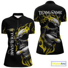 Load image into Gallery viewer, Custom Black and Gold Flame Skull Bowling Shirts For Women, Personalized Skull Team Bowling Jersey NQS10795