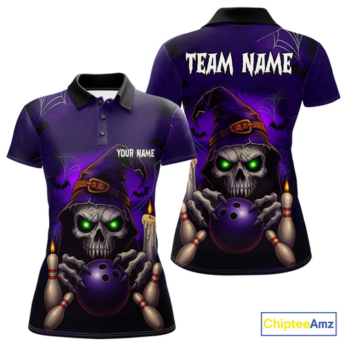 Custom Purple Skull Halloween Bowling Polo, Quarter Zip Shirts For Women, Skull Team Bowling Jersey NQS10803