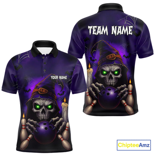Custom Purple Skull Halloween Bowling Polo, Quarter Zip Shirts For Men, Skull Team Bowling Jersey NQS10803