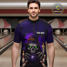 Load image into Gallery viewer, Custom Purple Skull Halloween Bowling Polo, Quarter Zip Shirts For Men, Skull Team Bowling Jersey NQS10803