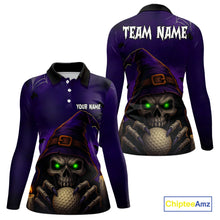 Load image into Gallery viewer, Funny Purple Skull Halloween Women golf polo shirts Custom Halloween team ladies golf wear NQS10804