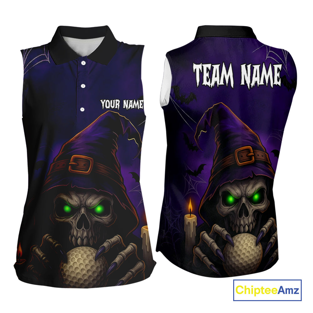 Funny Purple Skull Halloween Women Sleeveless polo shirts Custom Halloween team ladies golf wear NQS10804