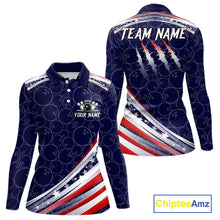 Load image into Gallery viewer, American Flag Camo Bowling Shirts For Women Custom patriotic Bowling Team Polo, 1/4 zip Jersey | Navy NQS11180