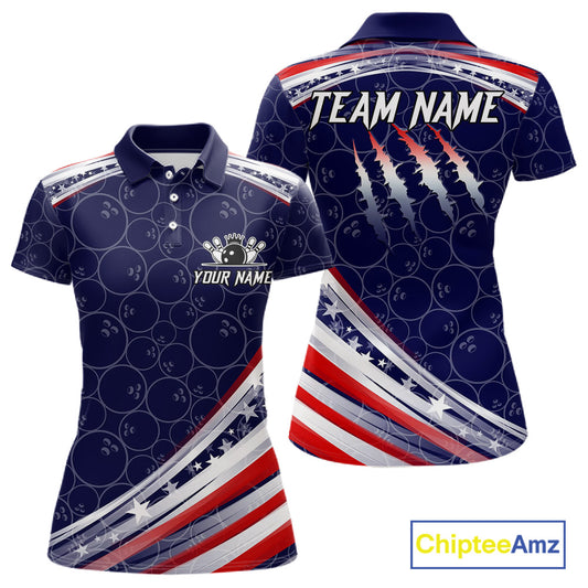 American Flag Camo Bowling Shirts For Women Custom patriotic Bowling Team Polo, 1/4 zip Jersey | Navy NQS11180