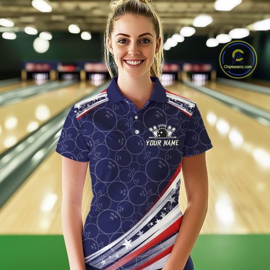 American Flag Camo Bowling Shirts For Women Custom patriotic Bowling Team Polo, 1/4 zip Jersey | Navy NQS11180