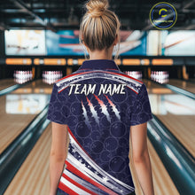 Load image into Gallery viewer, American Flag Camo Bowling Shirts For Women Custom patriotic Bowling Team Polo, 1/4 zip Jersey | Navy NQS11180