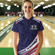 Load image into Gallery viewer, American Flag Camo Bowling Shirts For Women Custom patriotic Bowling Team Polo, 1/4 zip Jersey | Navy NQS11180