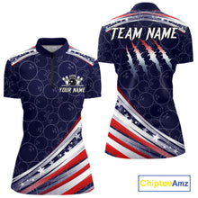Load image into Gallery viewer, American Flag Camo Bowling Shirts For Women Custom patriotic Bowling Team Polo, 1/4 zip Jersey | Navy NQS11180