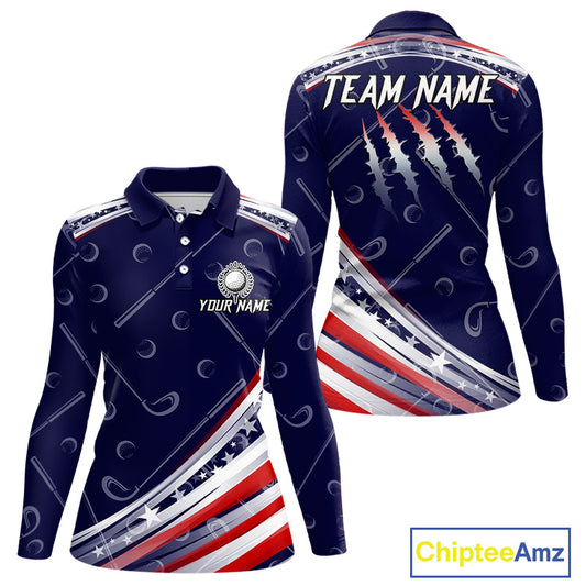 American Flag Camo Golf Polo Shirts For Women Custom patriotic ladies golf shirt, golfer gifts | Navy NQS11181