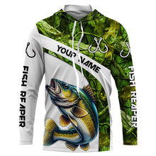 Load image into Gallery viewer, Walleye fishing Green Camo UV protection Custom long sleeve fishing shirts, Walleye tournament jerseys NQS5131