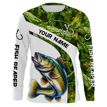 Load image into Gallery viewer, Walleye fishing Green Camo UV protection Custom long sleeve fishing shirts, Walleye tournament jerseys NQS5131