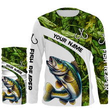 Load image into Gallery viewer, Walleye fishing Green Camo UV protection Custom long sleeve fishing shirts, Walleye tournament jerseys NQS5131