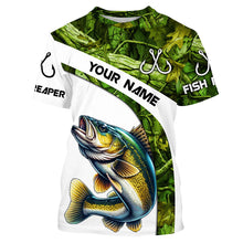 Load image into Gallery viewer, Walleye fishing Green Camo UV protection Custom long sleeve fishing shirts, Walleye tournament jerseys NQS5131