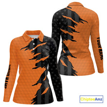 Load image into Gallery viewer, Personalized Women golf polo shirt custom orange golf ball black American flag ladies golf apparel NQS10070