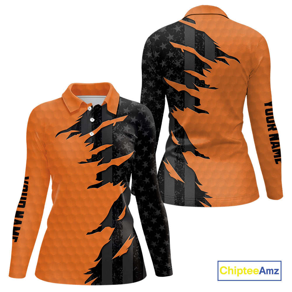 Personalized Women golf polo shirt custom orange golf ball black American flag ladies golf apparel NQS10070