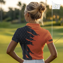 Load image into Gallery viewer, Personalized Women golf polo shirt custom orange golf ball black American flag ladies golf apparel NQS10070