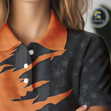 Load image into Gallery viewer, Personalized Women golf polo shirt custom orange golf ball black American flag ladies golf apparel NQS10070