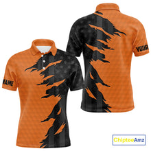 Load image into Gallery viewer, Personalized Mens golf polo shirts custom orange golf ball skin black American flag mens golf apparel NQS10070