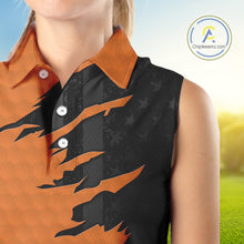 Load image into Gallery viewer, Womens sleeveless golf polos shirts orange golf ball skin black American flag ladies golf apparel NQS10070