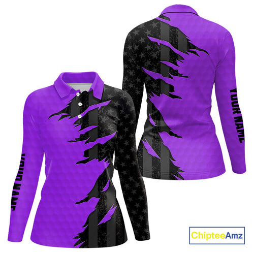 Personalized Women golf polo shirt custom purple golf ball black American flag ladies golf apparel NQS10071
