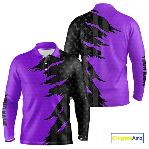 Personalized Mens golf polo shirts custom purple golf ball skin black American flag mens golf apparel NQS10071