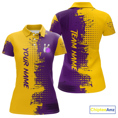 Yellow and Purple Bowling Polo, Quarter Zip shirts for Women Custom Bowling Team Jerseys NQS10222