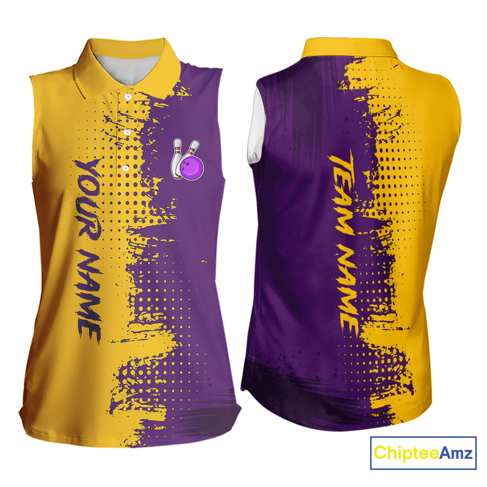 Yellow and Purple Bowling sleeveless polo shirt for Women Custom Bowling Team Jerseys NQS10222