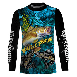 Blue camo walleye fishing custom UV protection long sleeve fishing shirts, walleye tournament jerseys NQS5144